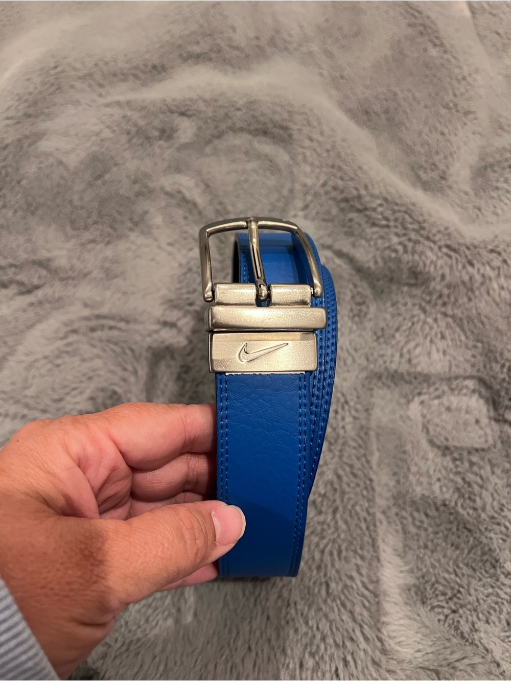 Nike Golf Men's Blue Leather Dress Belt 1" Adjustable Solid Silver Buckle Logo